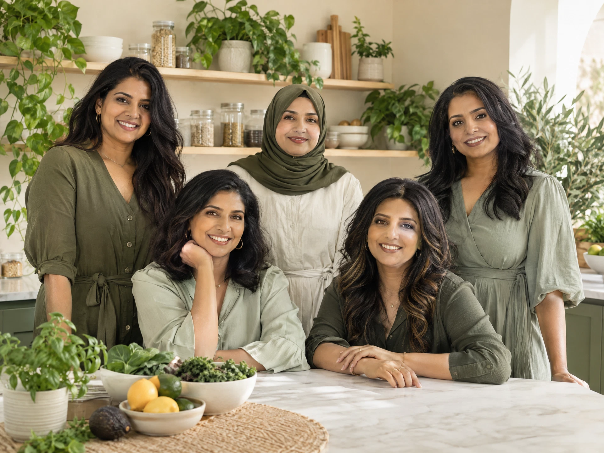 The TSK Diet team smiling together in a warm kitchen studio
