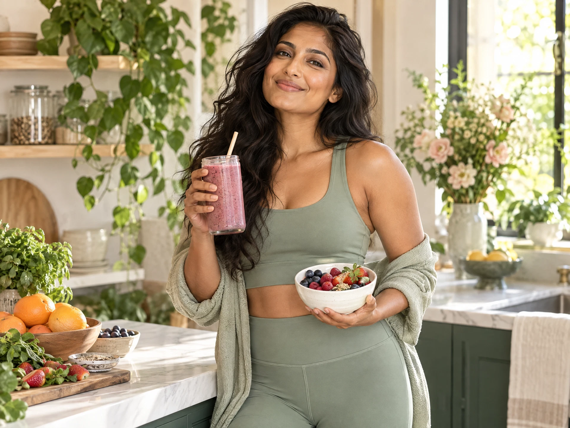 Woman enjoying a berry smoothie in a botanical kitchen